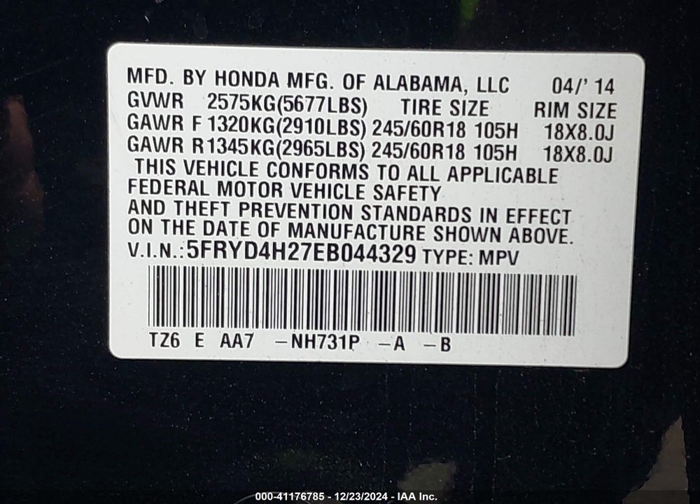 2014 ACURA MDX VIN: 5FRYD4H27EB044329