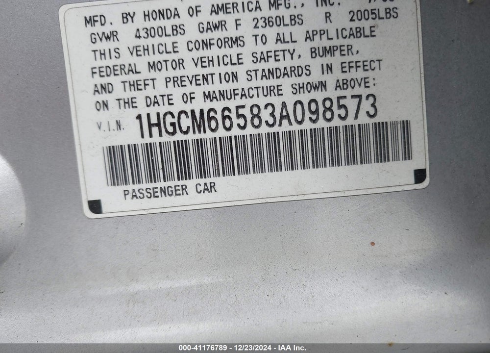 2003 HONDA ACCORD 3.0 EX VIN: 1HGCM66583A098573