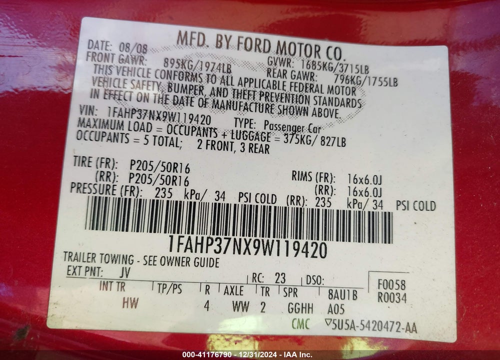 2009 FORD FOCUS SEL VIN: 1FAHP37NX9W119420