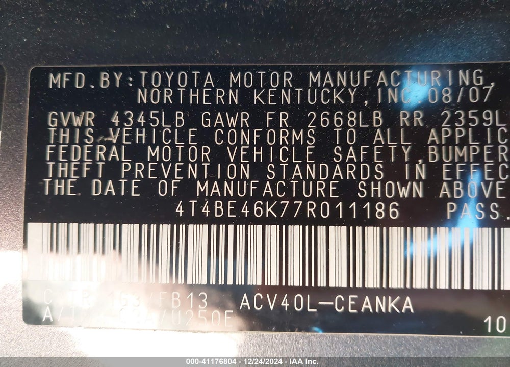 2007 TOYOTA CAMRY LE VIN: 4T4BE46K77R011186