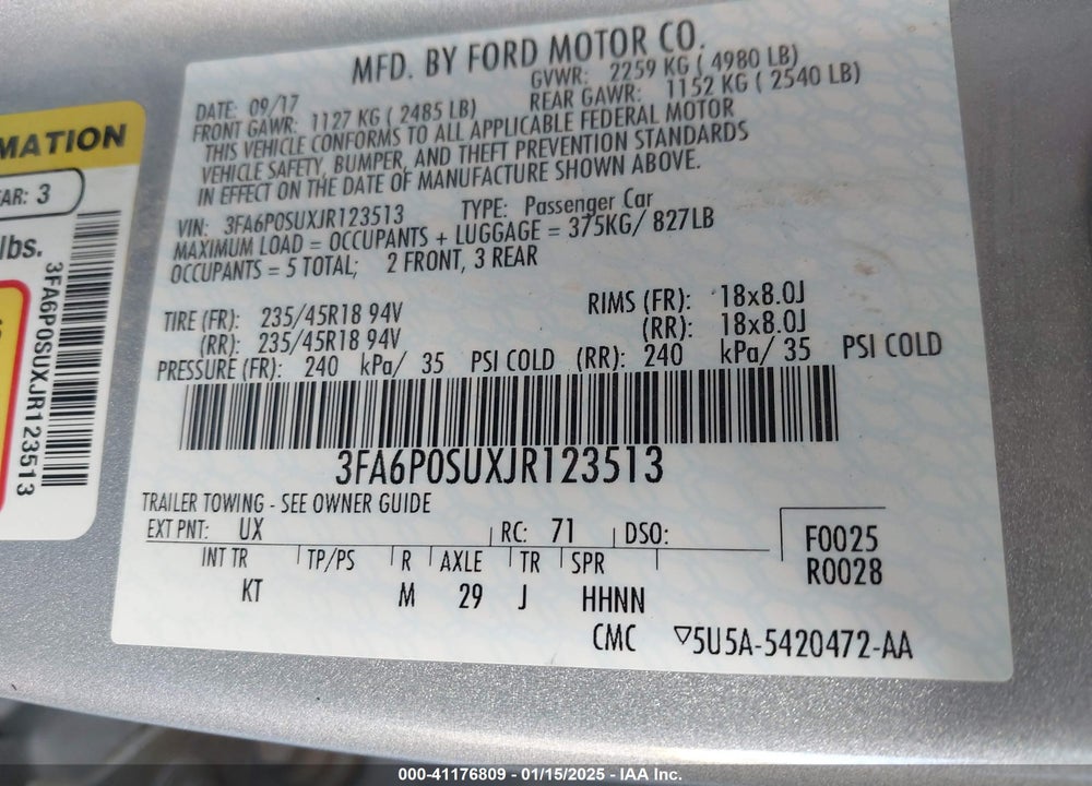 2018 FORD FUSION ENERGI TITANIUM VIN: 3FA6P0SUXJR123513