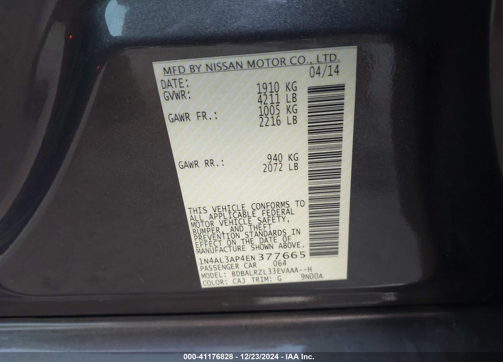 2014 NISSAN ALTIMA 2.5 S VIN: 1N4AL3AP4EN377665