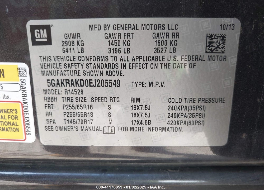 2014 BUICK ENCLAVE CONVENIENCE VIN: 5GAKRAKD0EJ205549