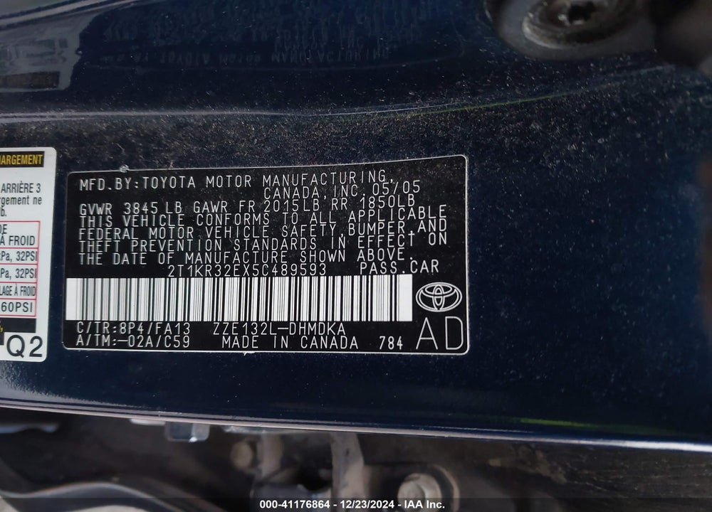 2005 TOYOTA MATRIX VIN: 2T1KR32EX5C489593