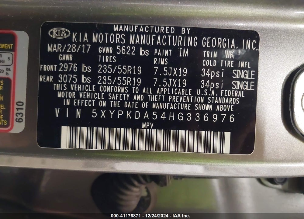 2017 KIA SORENTO VIN: 5XYPKDA54HG336976