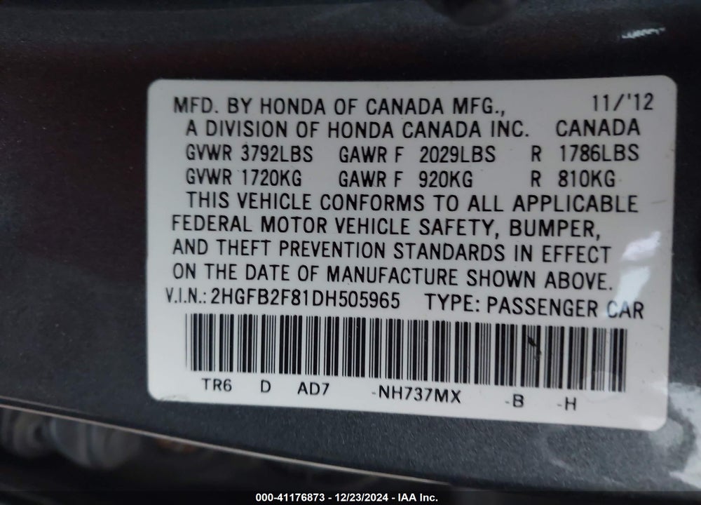 2013 HONDA CIVIC VIN: 2HGFB2F81DH505965