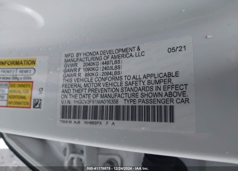 2021 HONDA ACCORD HYBRID TOURING VIN: 1HGCV3F91MA016358