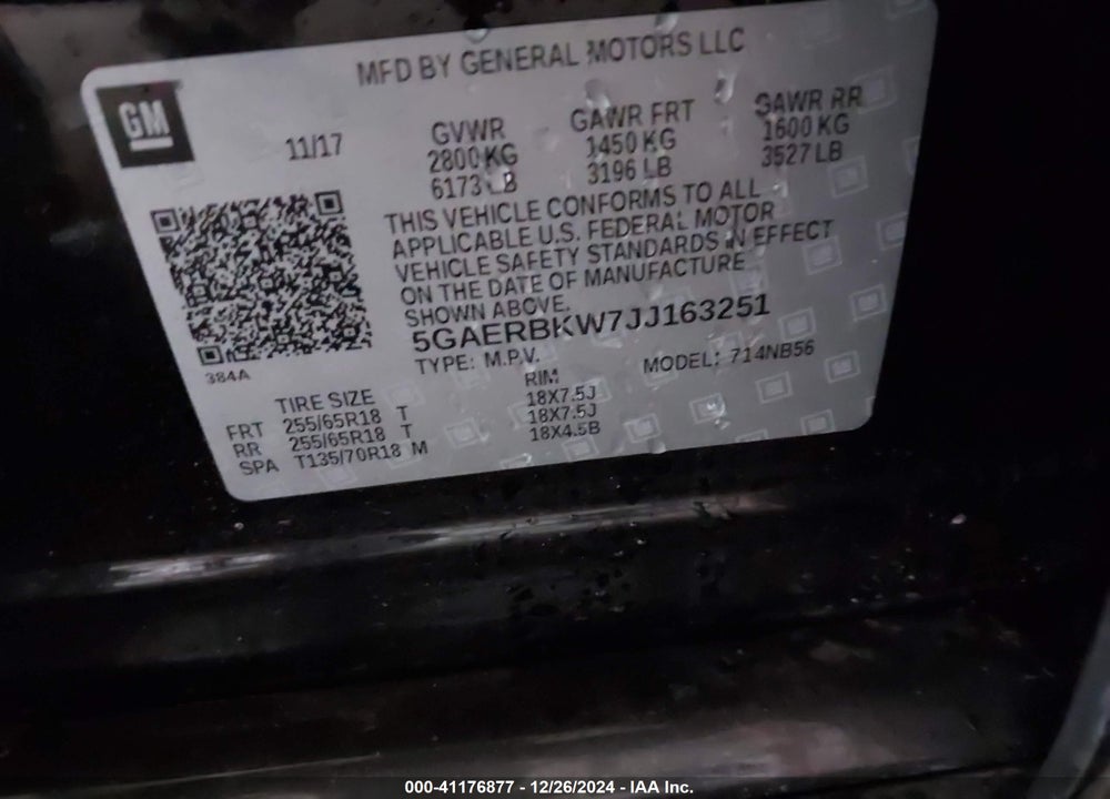 2018 BUICK ENCLAVE VIN: 5GAERBKW7JJ163251