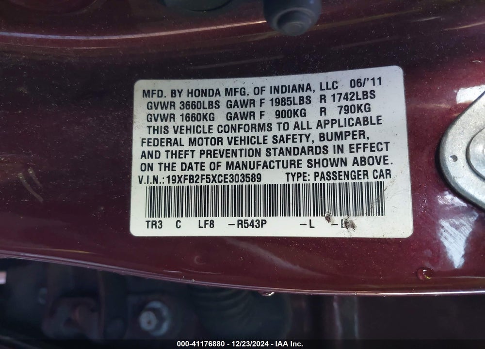 2012 HONDA CIVIC SDN LX VIN: 19XFB2F5XCE303589