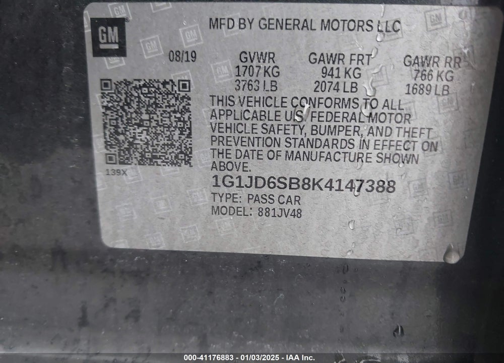2019 CHEVROLET SONIC LT AUTO VIN: 1G1JD6SB8K4147388