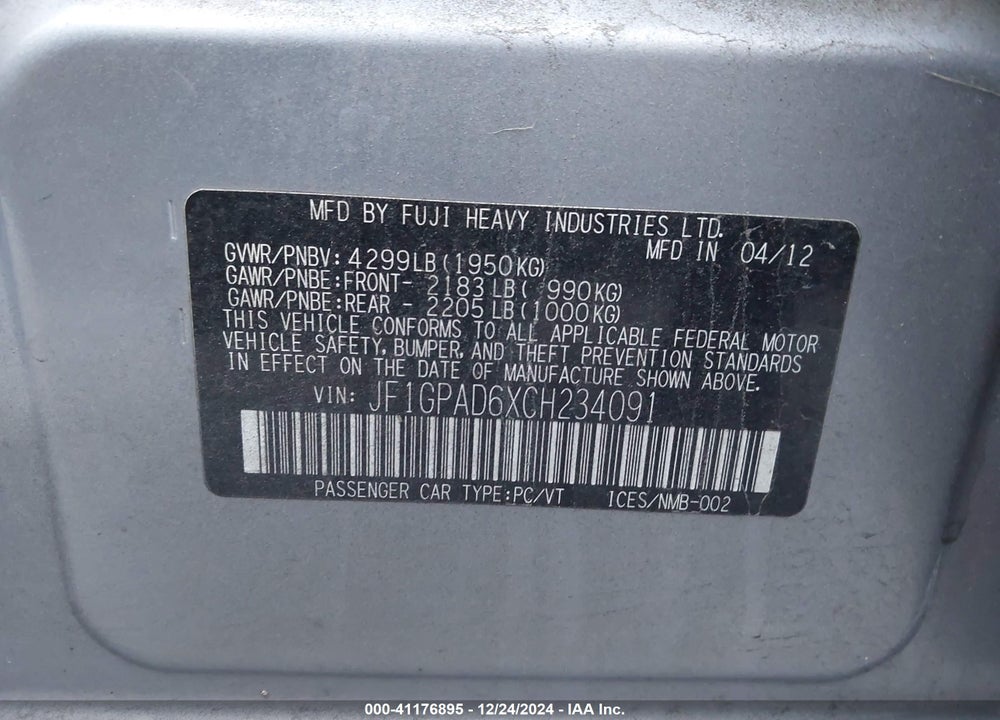 2012 SUBARU IMPREZA 2.0I PREMIUM VIN: JF1GPAD6XCH234091