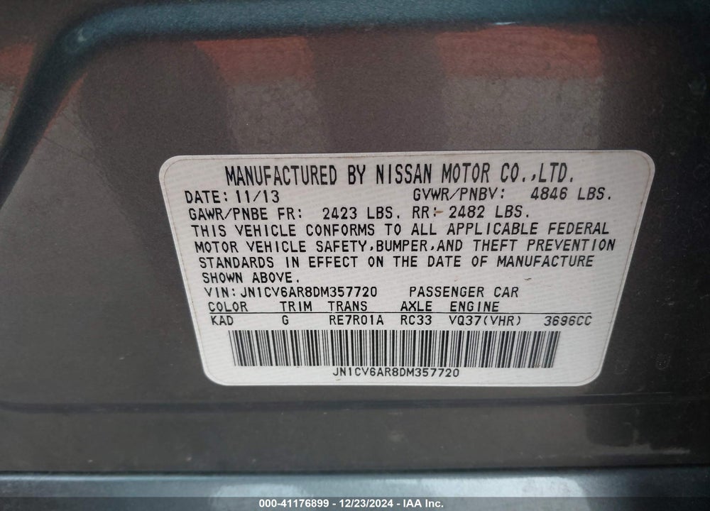 2013 INFINITI G37X VIN: JN1CV6AR8DM357720