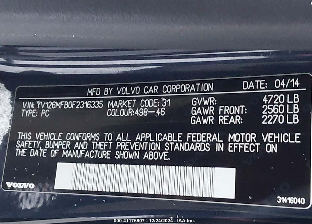 2015 VOLVO S60 VIN: YV126MFB0F2316335