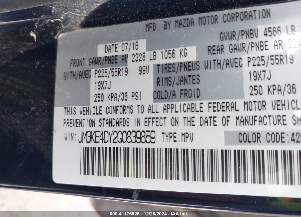 2016 MAZDA CX-5 GRAND TOURING VIN: JM3KE4DY2G0839859