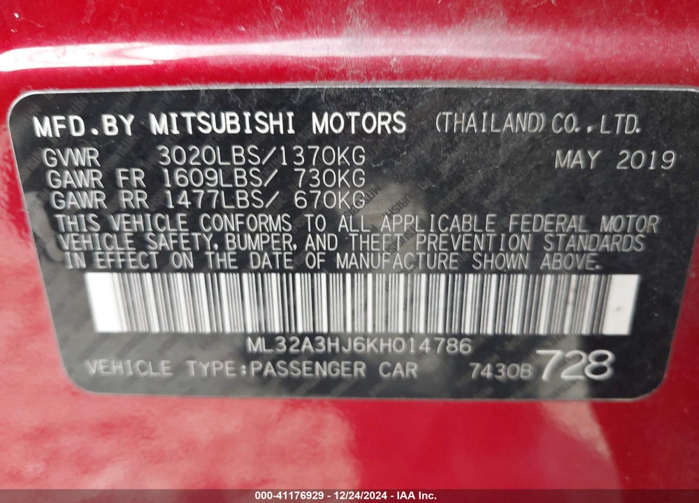 2019 MITSUBISHI MIRAGE ES/RF VIN: ML32A3HJ6KH014786