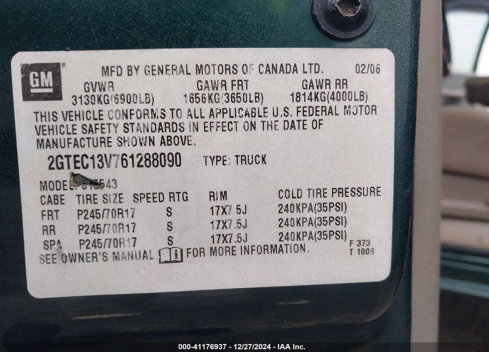 2006 GMC SIERRA 1500 SL VIN: 2GTEC13V761288090