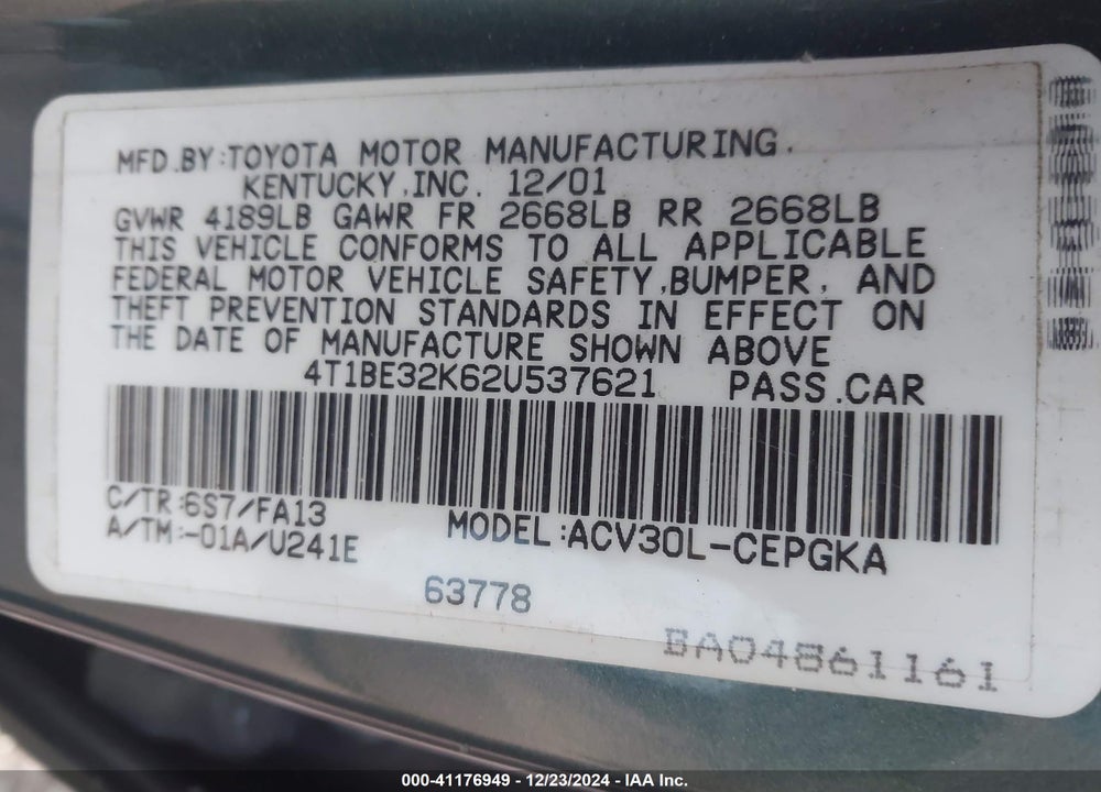 2002 TOYOTA CAMRY XLE VIN: 4T1BE32K62U537621