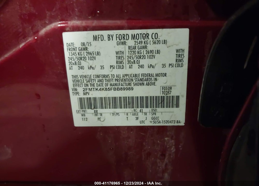 2015 FORD EDGE TITANIUM VIN: 2FMTK4K85FBB89989
