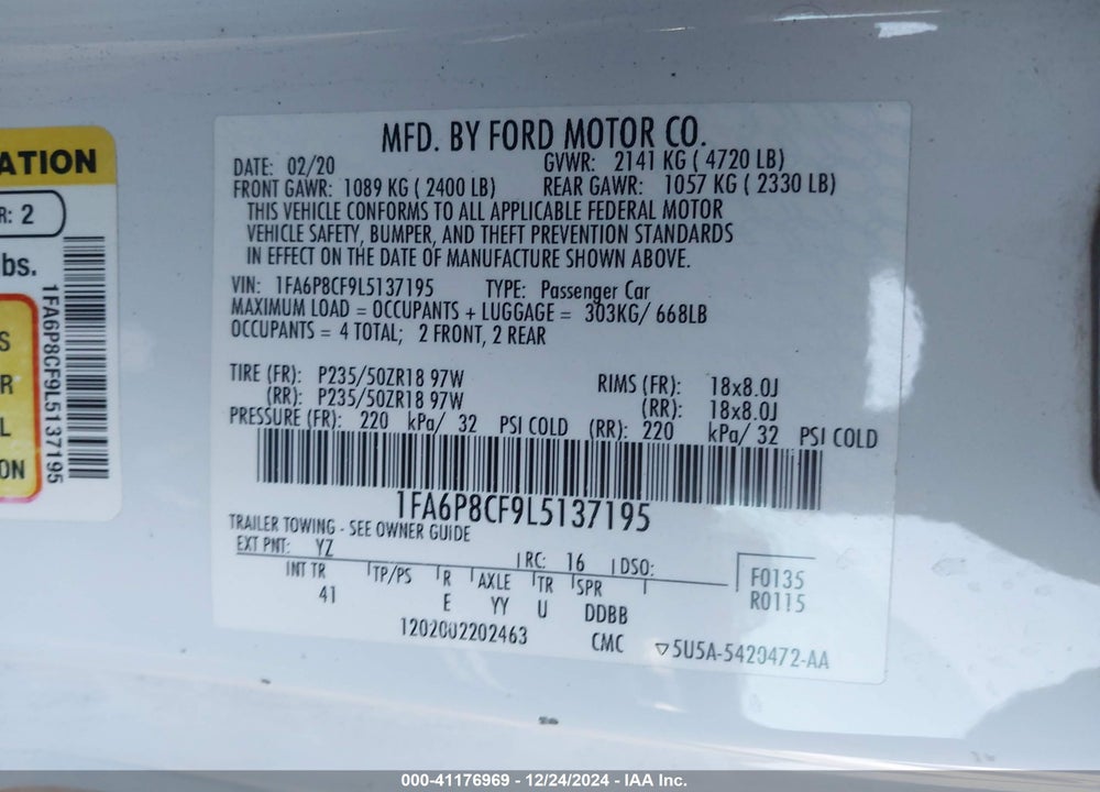 2020 FORD MUSTANG VIN: 1FA6P8CF9L5137195