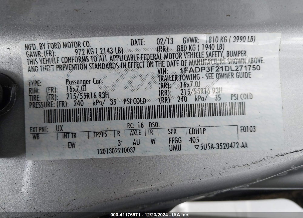 2013 FORD FOCUS SE VIN: 1FADP3F21DL271750