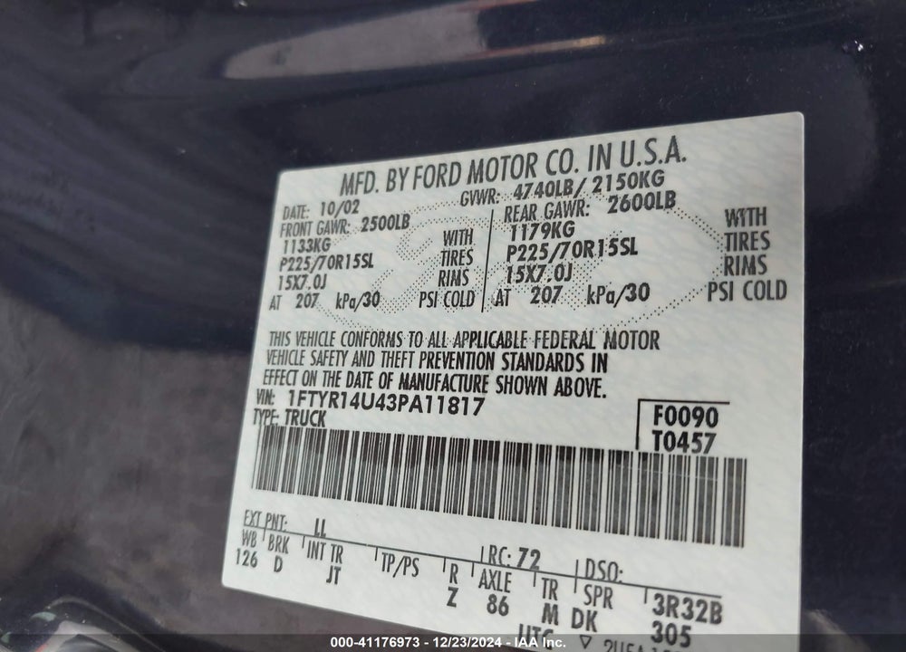 2003 FORD RANGER EDGE/TREMOR/XL/XLT VIN: 1FTYR14U43PA11817