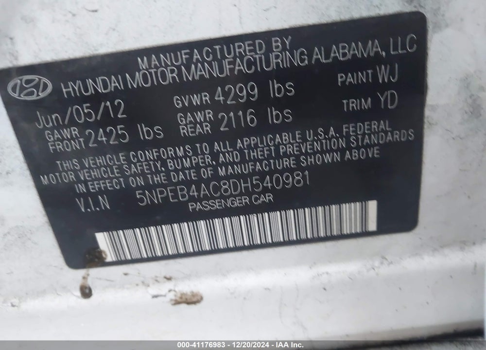 2013 HYUNDAI SONATA GLS VIN: 5NPEB4AC8DH540981
