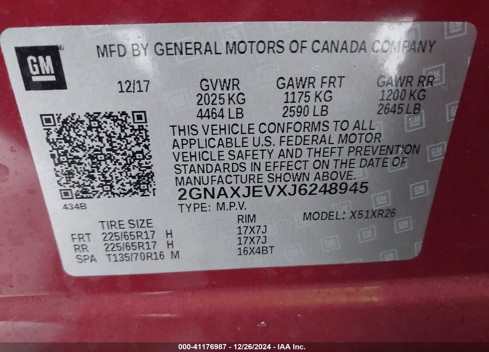 2018 CHEVROLET EQUINOX VIN: 2GNAXJEVXJ6248945