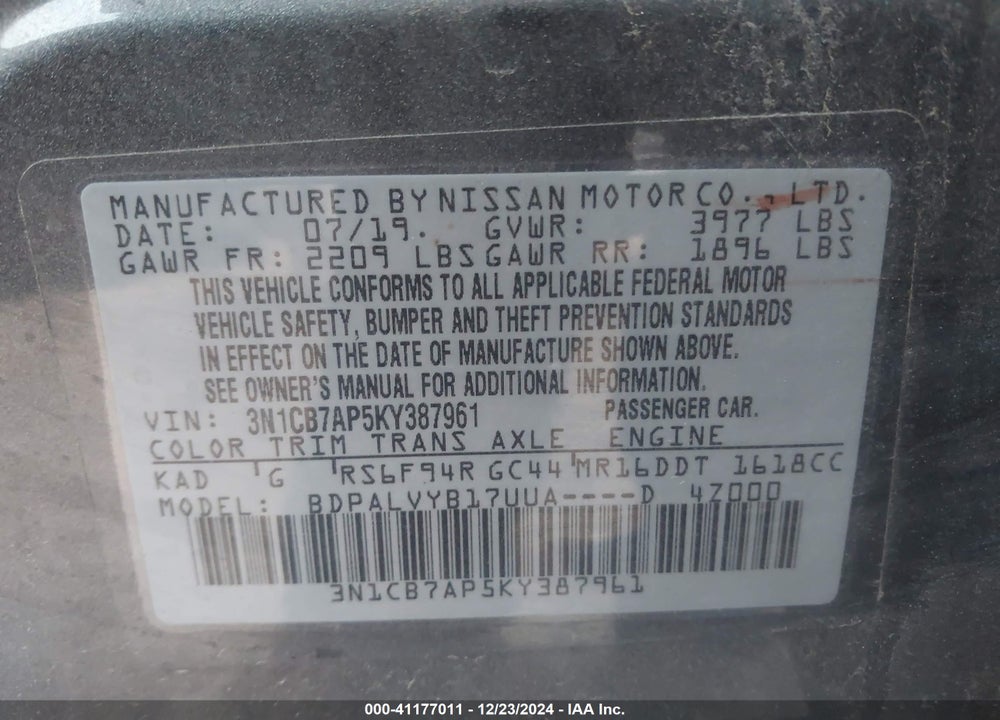 2019 NISSAN SENTRA NISMO VIN: 3N1CB7AP5KY387961