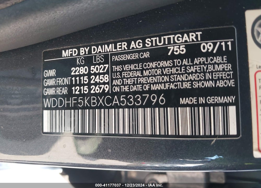2012 MERCEDES-BENZ E 350 VIN: WDDHF5KBXCA533796