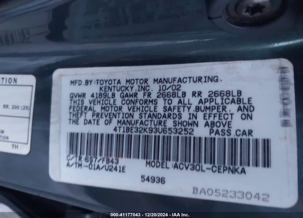 2003 TOYOTA CAMRY LE VIN: 4T1BE32K93U653252