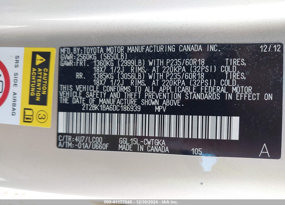2013 LEXUS RX 350 VIN: 2T2BK1BA6DC186939