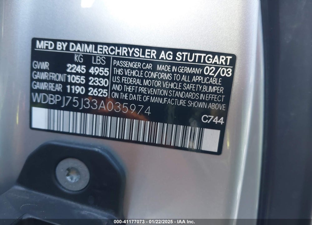 2003 MERCEDES-BENZ CL 500 VIN: WDBPJ75J33A035974
