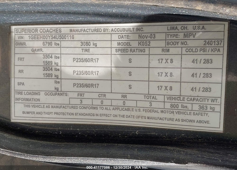 2004 CADILLAC DEVILLE STANDARD VIN: 1GEEH00Y54U500116
