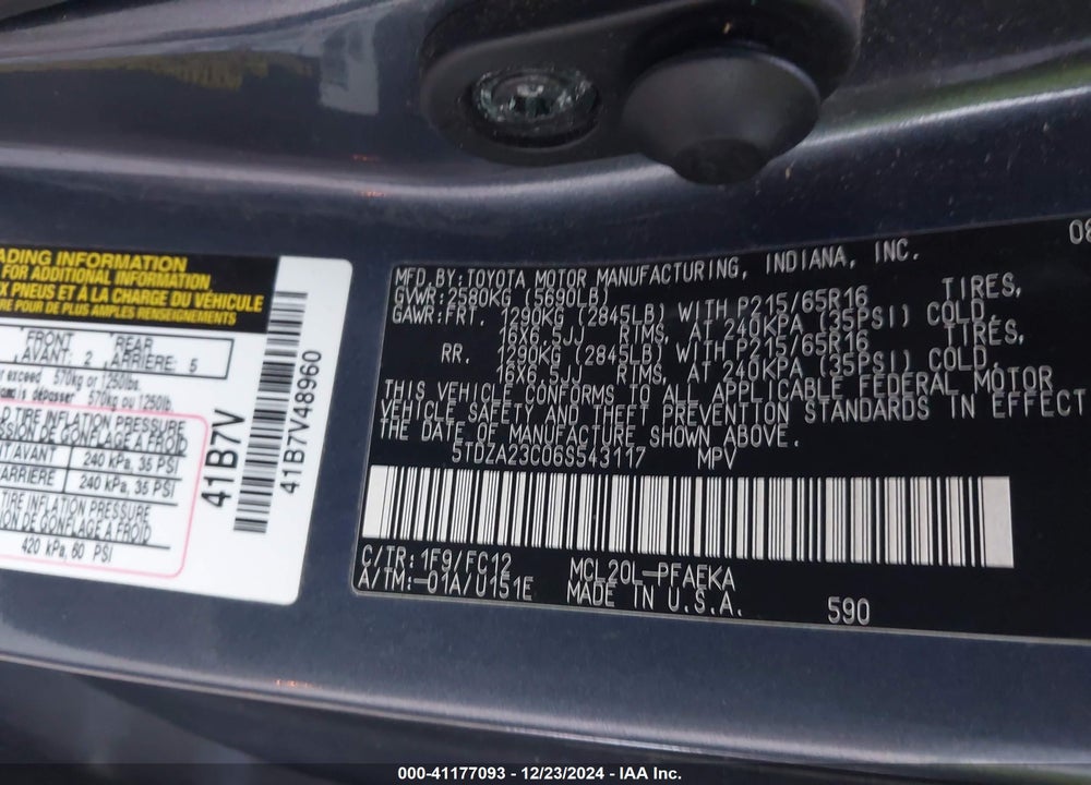 2006 TOYOTA SIENNA LE VIN: 5TDZA23C06S543117