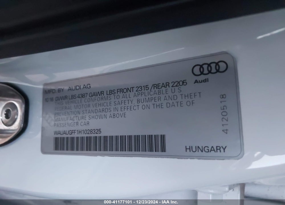 2017 AUDI A3 VIN: WAUAUGFF1H1028325