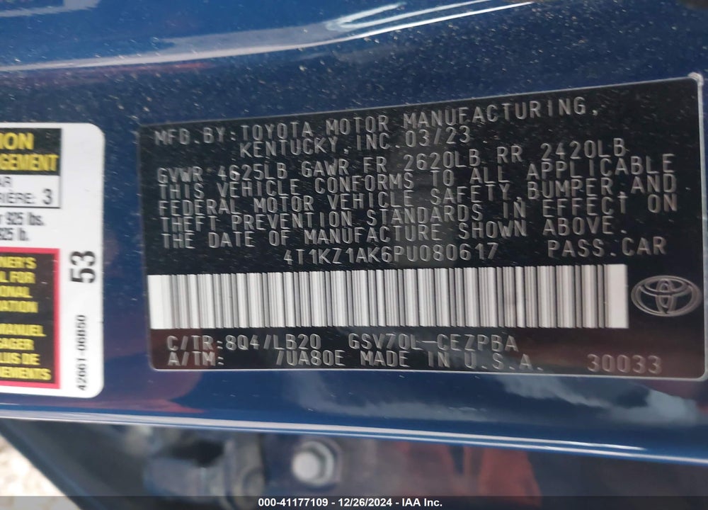 2023 TOYOTA CAMRY XSE V6 VIN: 4T1KZ1AK6PU080617
