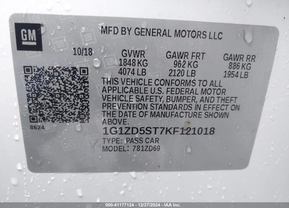 2019 CHEVROLET MALIBU VIN: 1G1ZD5ST7KF121018