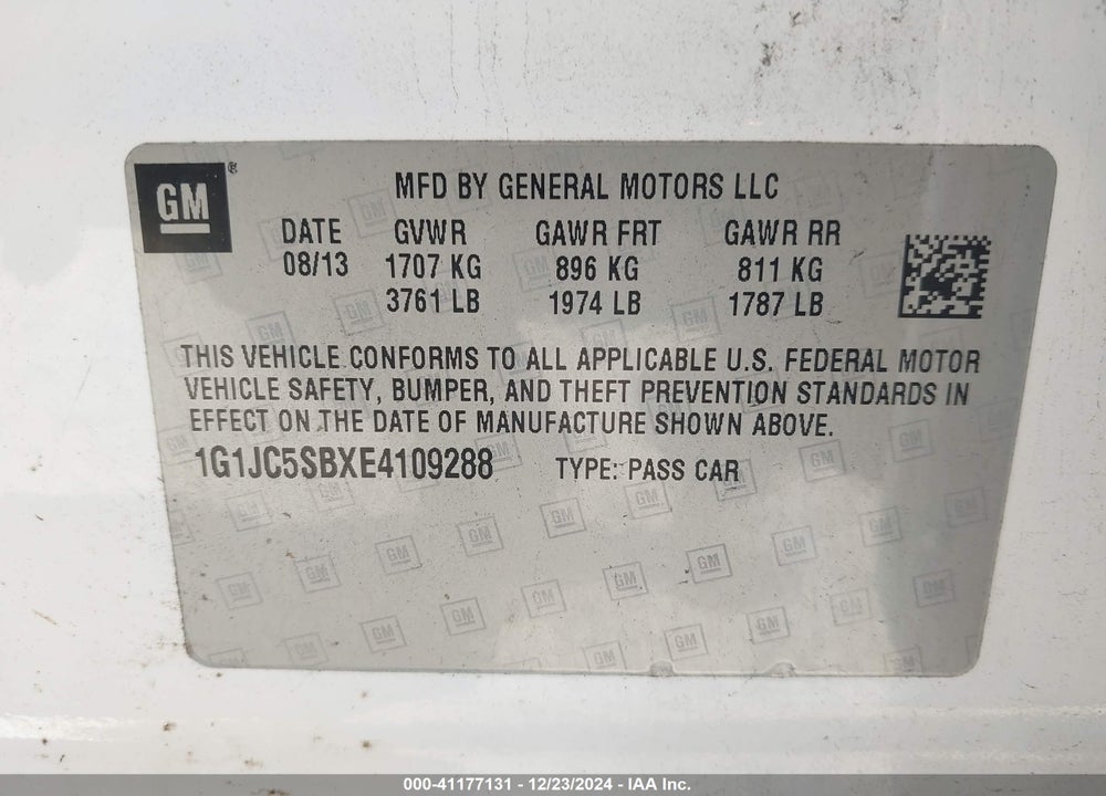 2014 CHEVROLET SONIC LT AUTO VIN: 1G1JC5SBXE4109288