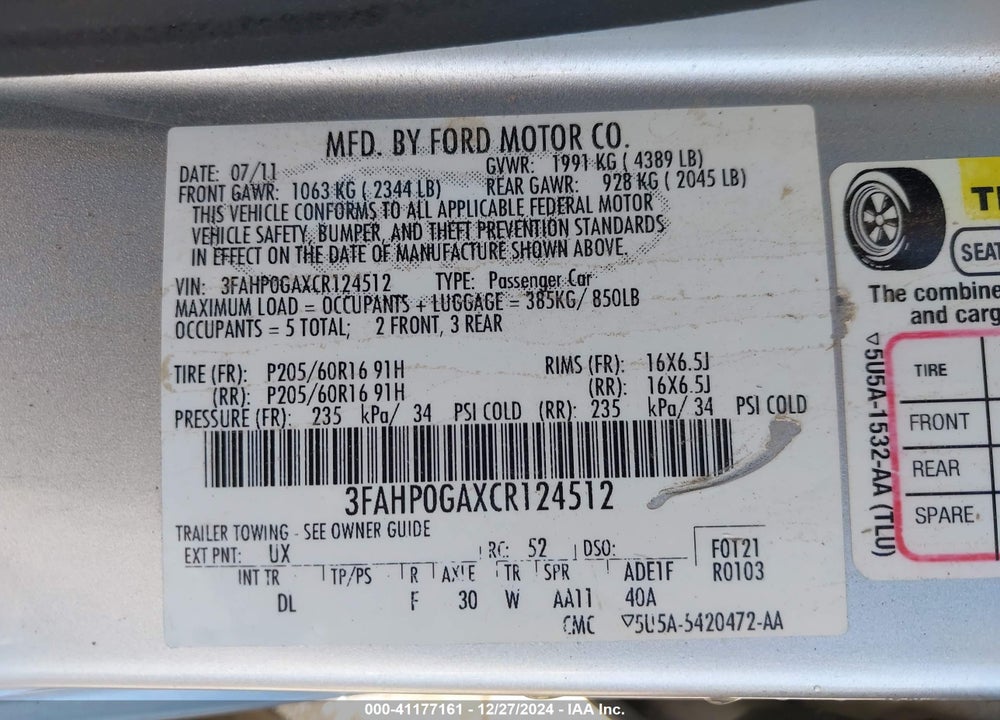 2012 FORD FUSION VIN: 3FAHP0GAXCR124512