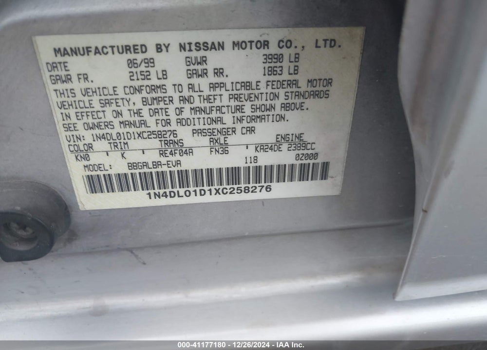 1999 NISSAN ALTIMA GLE/GXE/SE/SE-L/XE VIN: 1N4DL01D1XC258276