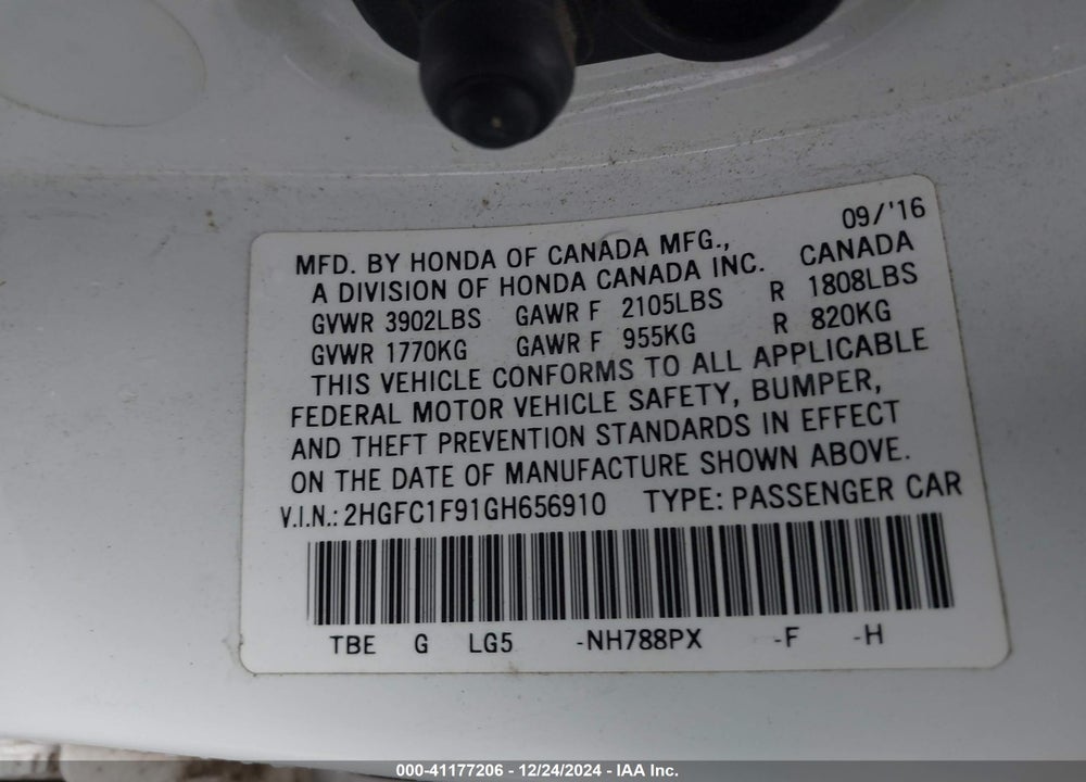2016 HONDA CIVIC TOURING VIN: 2HGFC1F91GH656910