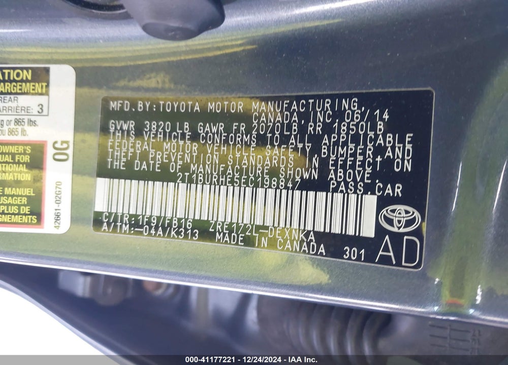 2014 TOYOTA COROLLA LE VIN: 2T1BURHE5EC198847