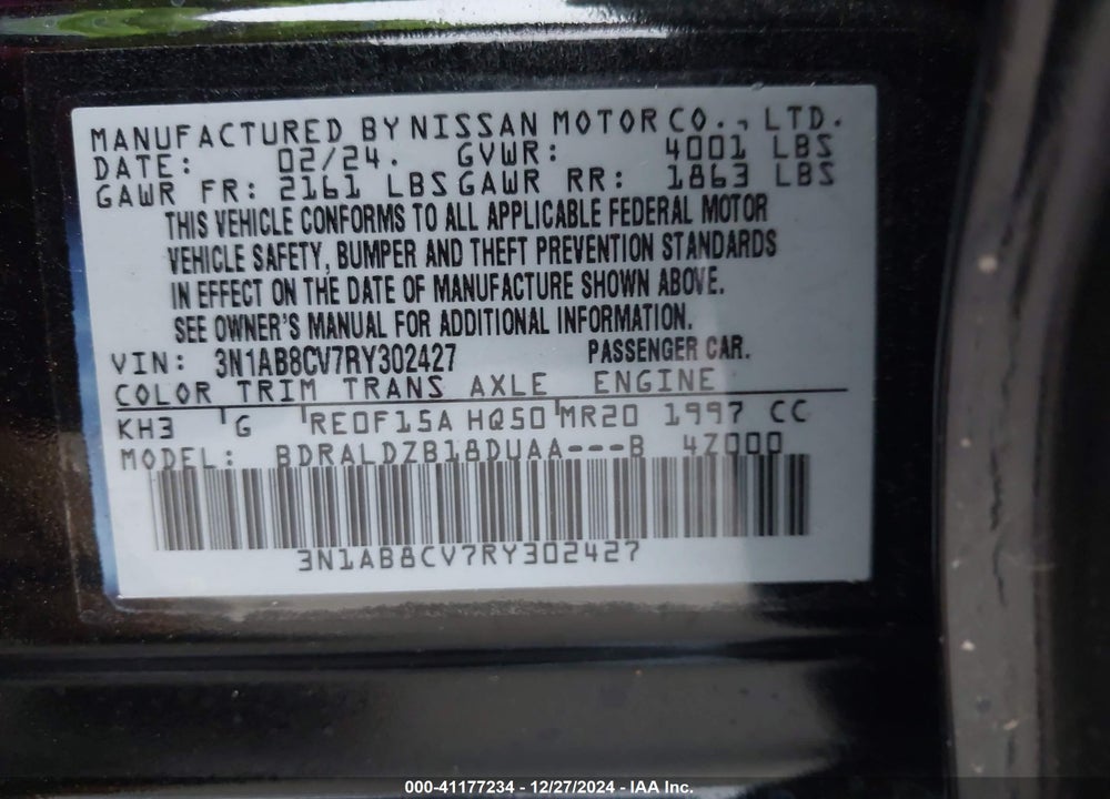 2024 NISSAN SENTRA VIN: 3N1AB8CV7RY302427