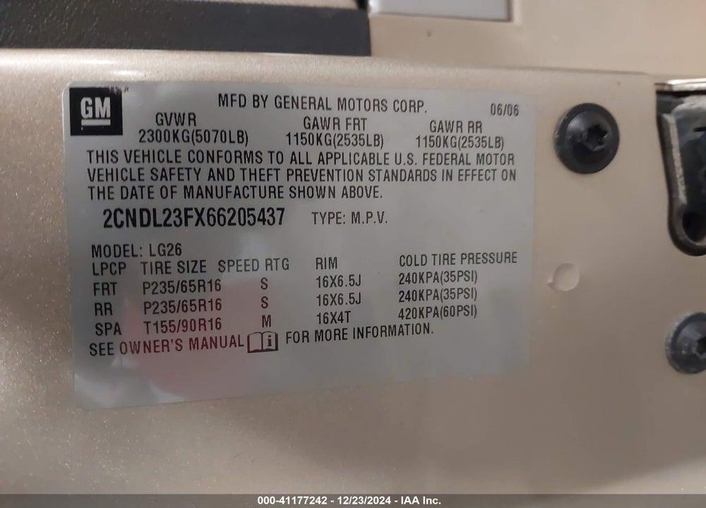 2006 CHEVROLET EQUINOX LS VIN: 2CNDL23FX66205437