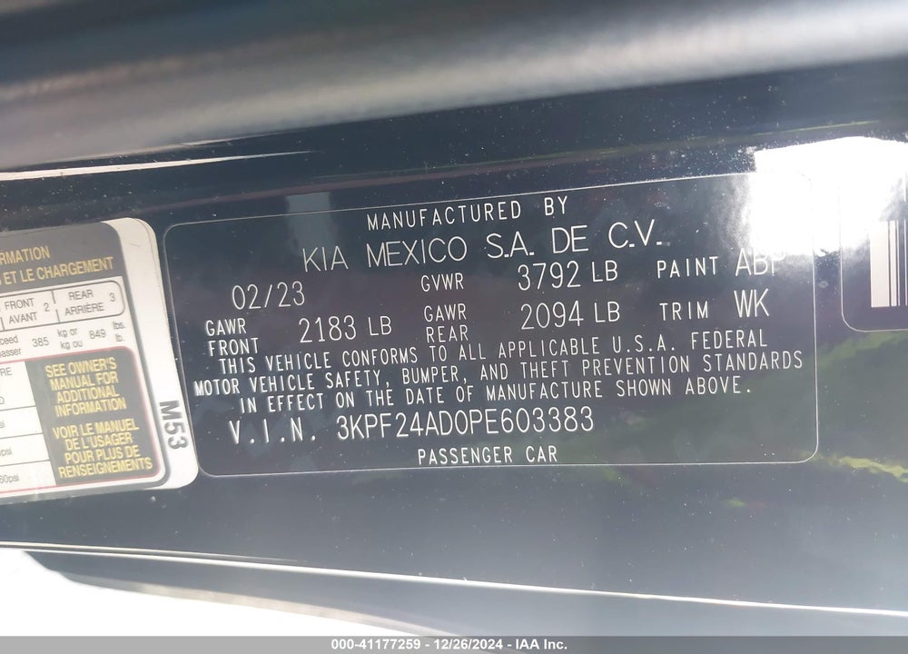 2023 KIA FORTE VIN: 3KPF24AD0PE603383