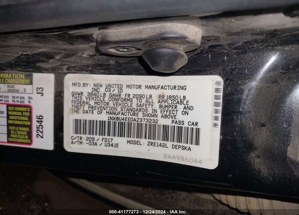 2010 TOYOTA COROLLA VIN: 1NXBU4EE0AZ373232