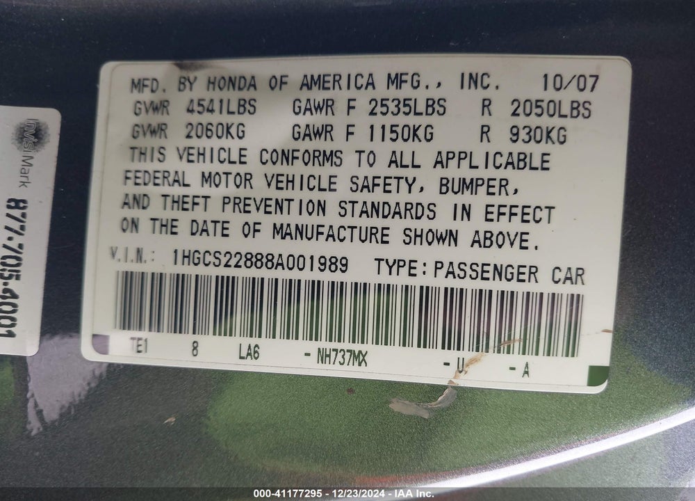 2008 HONDA ACCORD VIN: 1HGCS22888A001989