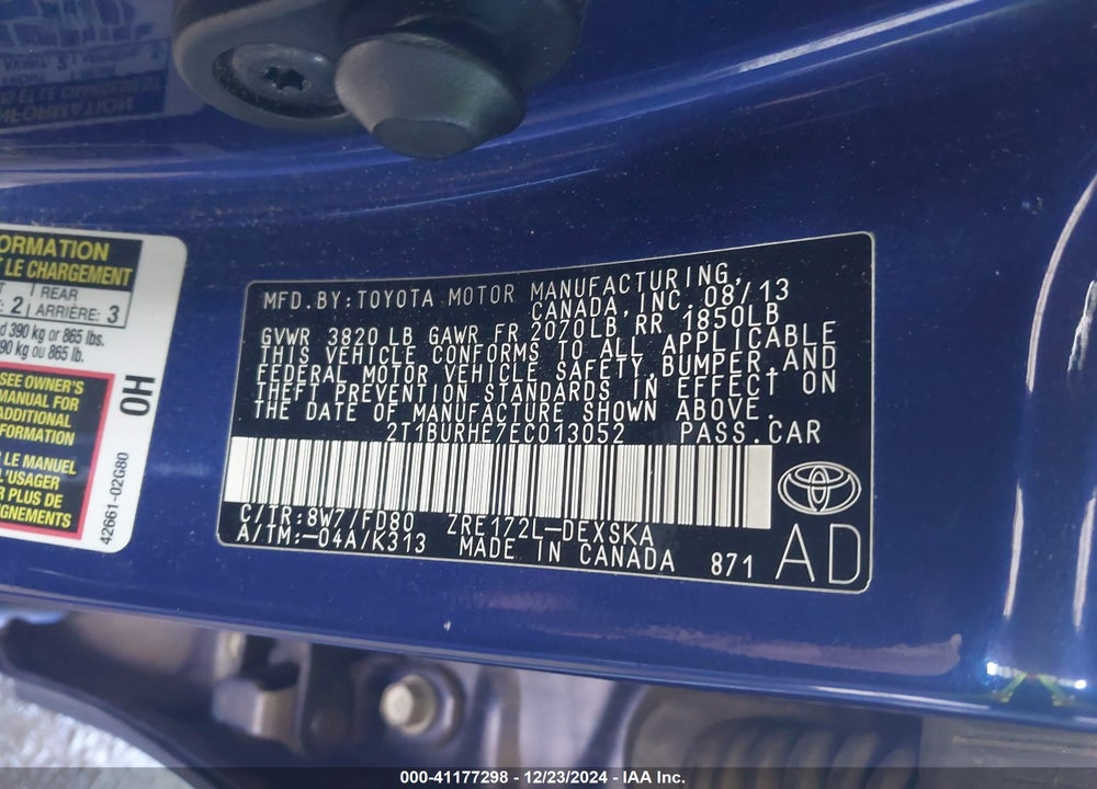 2014 TOYOTA COROLLA VIN: 2T1BURHE7EC013052