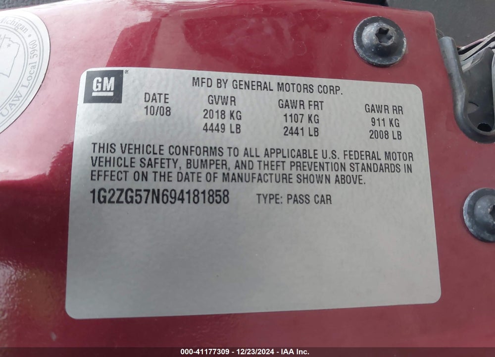 2009 PONTIAC G6 VIN: 1G2ZG57N694181858