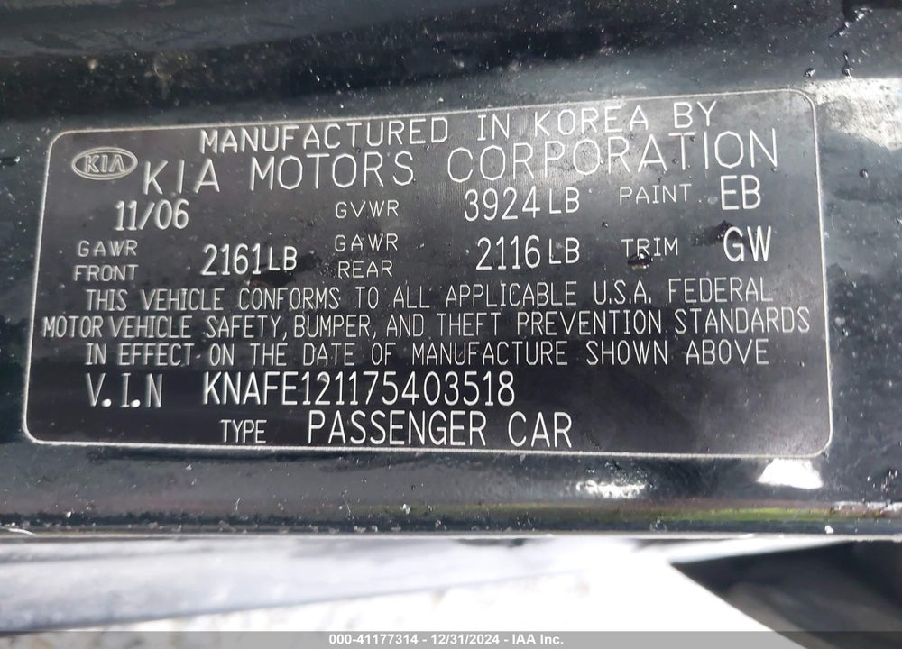 2007 KIA SPECTRA EX VIN: KNAFE121175403518